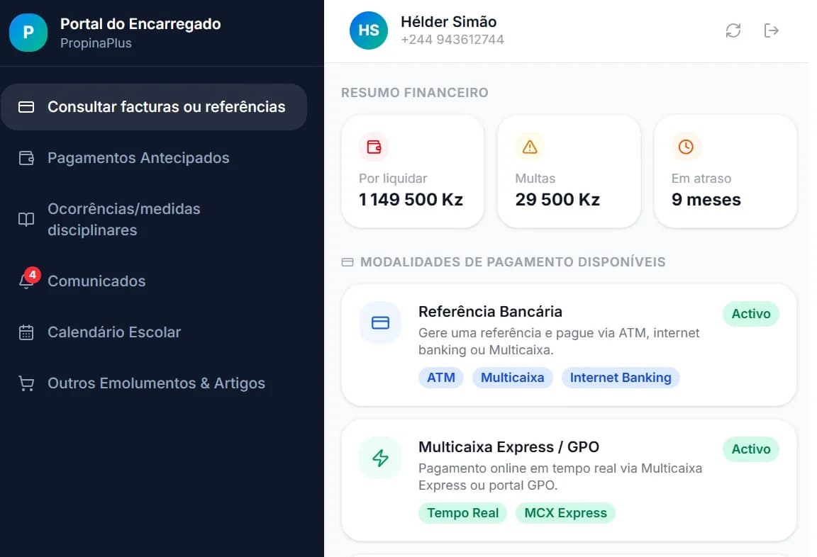 Portal do Encarregado — painel financeiro no tablet